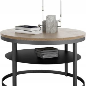 Okrągły Stolik Kawowy z Półką Do Salonu Loft Metal 75cm Czarny+Dąb Lancelot 946571 Okrągły Stolik Kawowy z Półką Do Salonu Loft Metal 75cm Czarny+Dąb Lancelot 946571