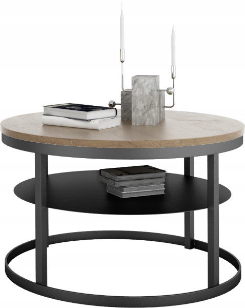 Okrągły Stolik Kawowy z Półką Do Salonu Loft Metal 75cm Czarny+Dąb Lancelot 946571