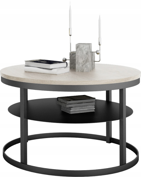 Okrągły Stolik Kawowy z Półką Do Salonu Loft Metal 75cm Czarny+Dąb Sonoma 946577
