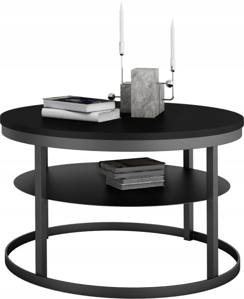 Okrągły Stolik Kawowy z Półką Do Salonu Loft Metal 75cm Czarny+MiniPearl 946549