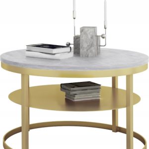 Okrągły Stolik Kawowy z Półką Do Salonu Loft Metal 75cm Złoty+Beton Jasny 946558 Okrągły Stolik Kawowy z Półką Do Salonu Loft Metal 75cm Złoty+Beton Jasny 946558