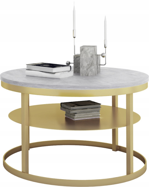 Okrągły Stolik Kawowy z Półką Do Salonu Loft Metal 75cm Złoty+Beton Jasny 946558
