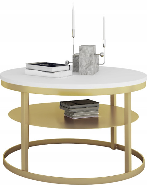 Okrągły Stolik Kawowy z Półką Do Salonu Loft Metal 75cm Złoty+Biały Mat 946565