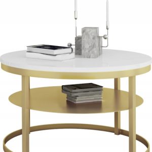 Okrągły Stolik Kawowy z Półką Do Salonu Loft Metal 75cm Złoty+Biały Połysk 946537 Okrągły Stolik Kawowy z Półką Do Salonu Loft Metal 75cm Złoty+Biały Połysk 946537