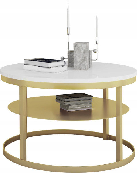 Okrągły Stolik Kawowy z Półką Do Salonu Loft Metal 75cm Złoty+Biały Połysk 946537