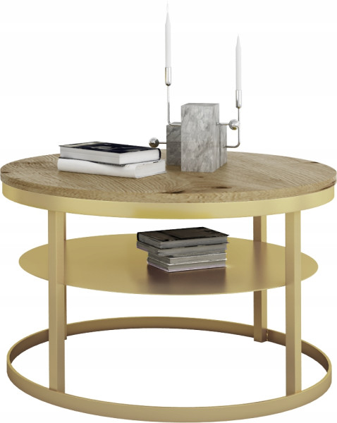 Okrągły Stolik Kawowy z Półką Do Salonu Loft Metal 75cm Złoty+Dąb Artisan 946551