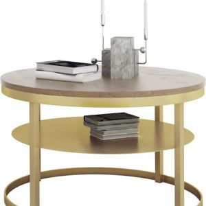 Okrągły Stolik Kawowy z Półką Do Salonu Loft Metal 75cm Złoty+Dąb Lancelot 946554 Okrągły Stolik Kawowy z Półką Do Salonu Loft Metal 75cm Złoty+Dąb Lancelot 946554