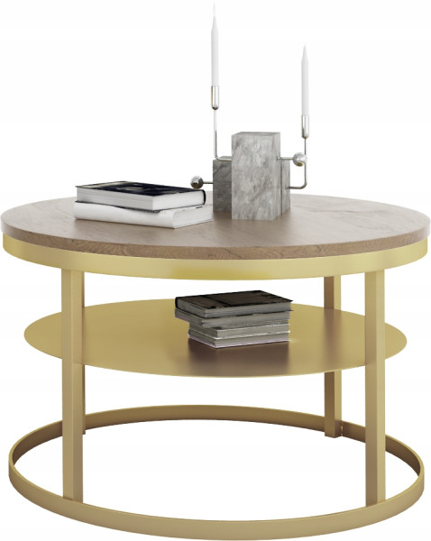 Okrągły Stolik Kawowy z Półką Do Salonu Loft Metal 75cm Złoty+Dąb Lancelot 946554