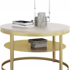 Okrągły Stolik Kawowy z Półką Do Salonu Loft Metal 75cm Złoty+Dąb Sonoma 946555 Okrągły Stolik Kawowy z Półką Do Salonu Loft Metal 75cm Złoty+Dąb Sonoma 946555