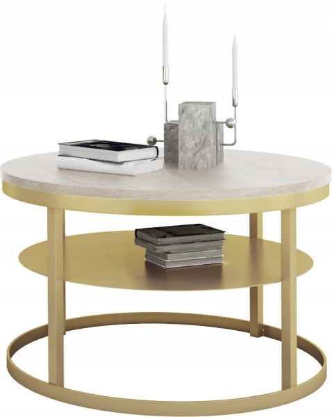 Okrągły Stolik Kawowy z Półką Do Salonu Loft Metal 75cm Złoty+Dąb Sonoma 946555