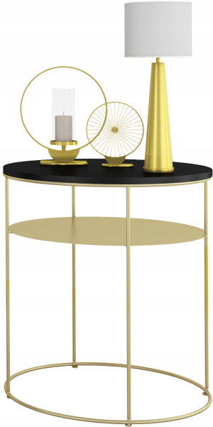Okrągły Stolik Kawowy z Półką Loft Glamour Metal 55x55x63 Złoty+Blat Czarny 856087