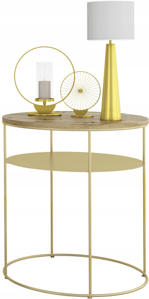 Okrągły Stolik Kawowy z Półką Loft Glamour Metal 55x55x63 Złoty+Dąb Artisan 856138