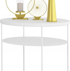 Okrągły Stolik Kawowy z Półką Loft Metal 55x55x63 Biały+Biały Mat 856076 Okrągły Stolik Kawowy z Półką Loft Metal 55x55x63 Biały+Biały Mat 856076