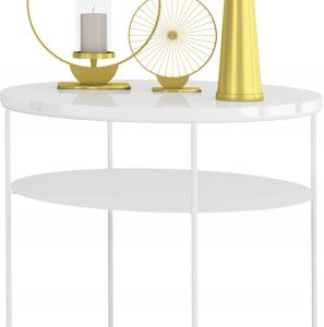 Okrągły Stolik Kawowy z Półką Loft Metal 55x55x63 Biały+Biały Połysk 856116 Okrągły Stolik Kawowy z Półką Loft Metal 55x55x63 Biały+Biały Połysk 856116