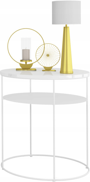 Okrągły Stolik Kawowy z Półką Loft Metal 55x55x63 Biały+Biały Połysk 856116