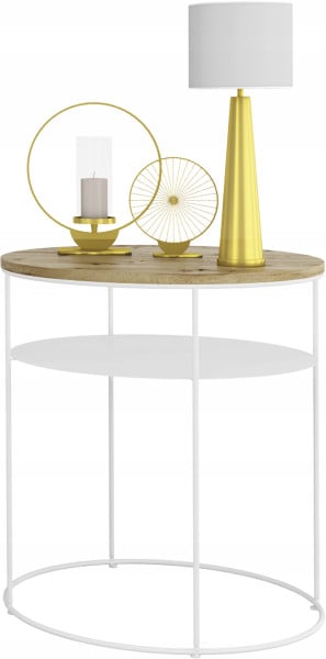 Okrągły Stolik Kawowy z Półką Loft Metal 55x55x63 Biały+Dąb Artisan 856150