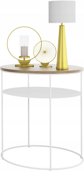 Okrągły Stolik Kawowy z Półką Loft Metal 55x55x63 Biały+Dąb Lancelot 856176