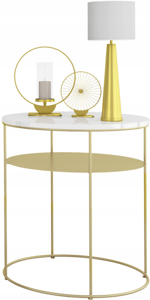 Okrągły Stolik Kawowy z Półką Loft Metal 55x55x63 Złoty+Biały Połysk 855871