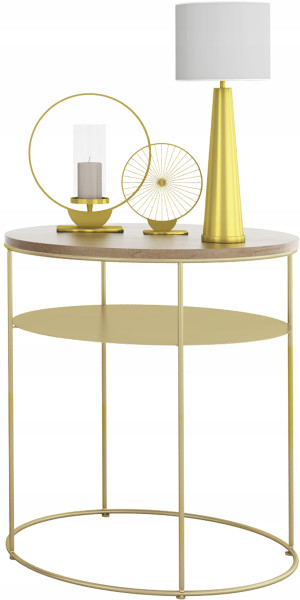 Okrągły Stolik Kawowy z Półką Loft Metal 55x55x63 Złoty+Dąb Lancelot 856193