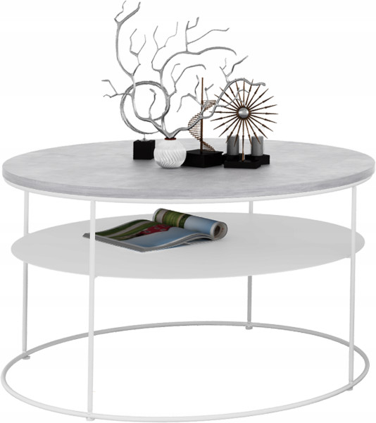 Okrągły Stolik Kawowy z Półką Salon Loft Metal 75x75x43 Biały+Beton Jasny 856153