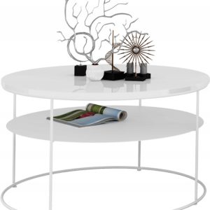Okrągły Stolik Kawowy z Półką Salon Loft Metal 75x75x43 Biały+Biały Połysk 856172 Okrągły Stolik Kawowy z Półką Salon Loft Metal 75x75x43 Biały+Biały Połysk 856172