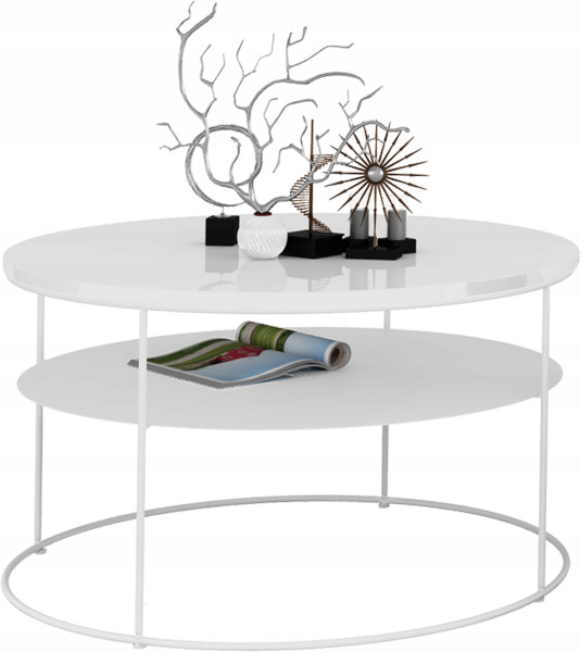 Okrągły Stolik Kawowy z Półką Salon Loft Metal 75x75x43 Biały+Biały Połysk 856172