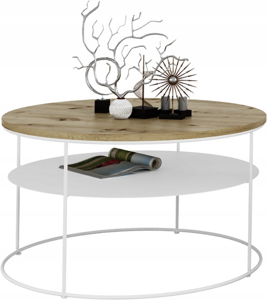 Okrągły Stolik Kawowy z Półką Salon Loft Metal 75x75x43 Biały+Dąb Artisan 856175