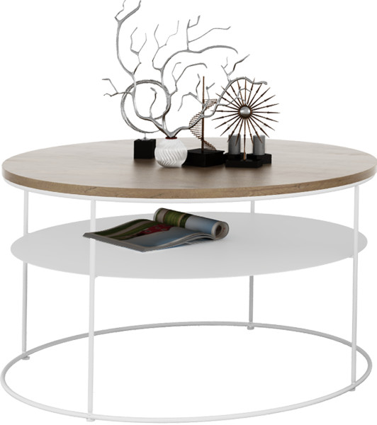 Okrągły Stolik Kawowy z Półką Salon Loft Metal 75x75x43 Biały+Dąb Lancelot 856123
