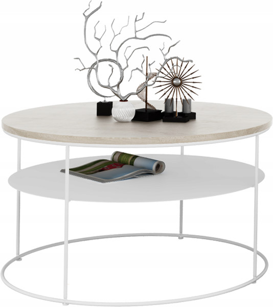 Okrągły Stolik Kawowy z Półką Salon Loft Metal 75x75x43 Biały+Dąb Sonoma 856100