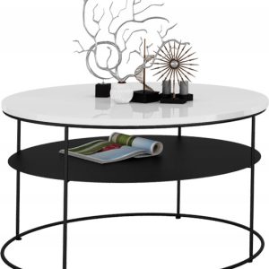 Okrągły Stolik Kawowy z Półką Salon Loft Metal 75x75x43 Czarny+Biały Połysk 856134 Okrągły Stolik Kawowy z Półką Salon Loft Metal 75x75x43 Czarny+Biały Połysk 856134