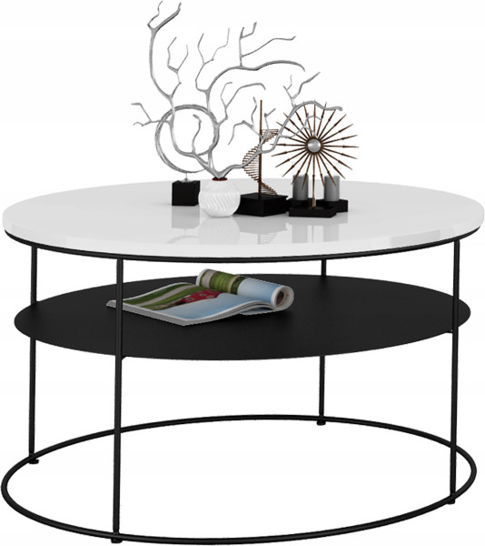 Okrągły Stolik Kawowy z Półką Salon Loft Metal 75x75x43 Czarny+Biały Połysk 856134