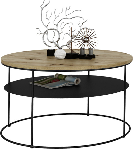 Okrągły Stolik Kawowy z Półką Salon Loft Metal 75x75x43 Czarny+Dąb Artisan 856091