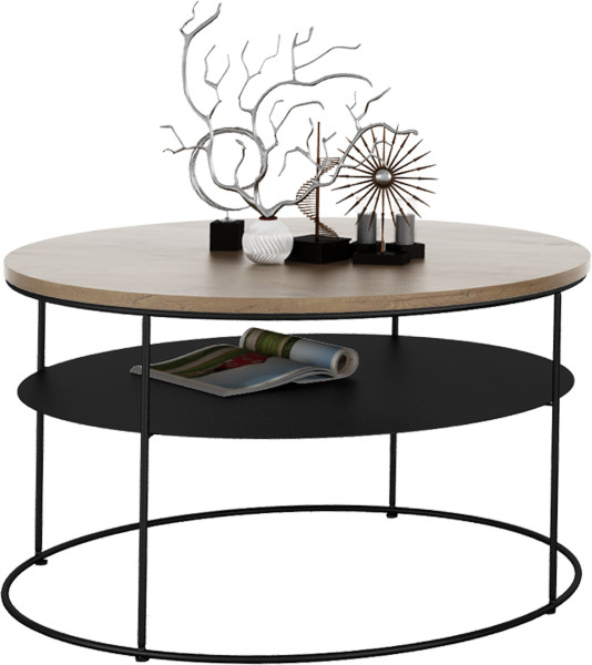 Okrągły Stolik Kawowy z Półką Salon Loft Metal 75x75x43 Czarny+Dąb Lancelot 856135