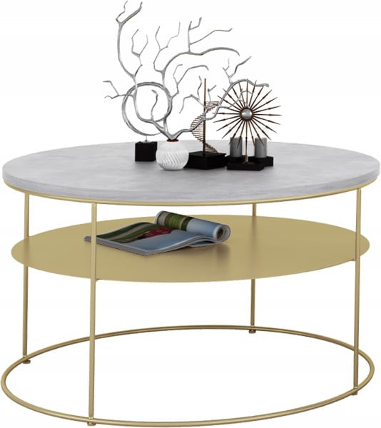 Okrągły Stolik Kawowy z Półką Salon Loft Metal 75x75x43 Złoty+Beton Jasn 856082