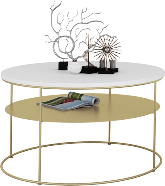 Okrągły Stolik Kawowy z Półką Salon Loft Metal 75x75x43 Złoty+Biały Mat 856078