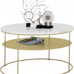 Okrągły Stolik Kawowy z Półką Salon Loft Metal 75x75x43 Złoty+Biały Połysk 856097 Okrągły Stolik Kawowy z Półką Salon Loft Metal 75x75x43 Złoty+Biały Połysk 856097