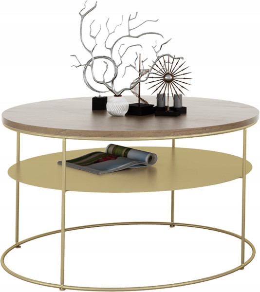 Okrągły Stolik Kawowy z Półką Salon Loft Metal 75x75x43 Złoty+Dąb Lancelot 856112