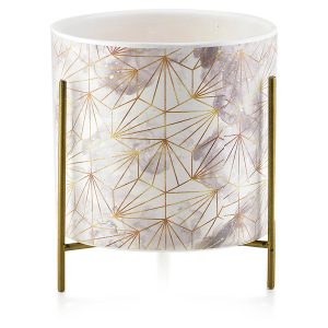 Osłonka na doniczkę Ava Kwiaty z nóżkami ceramiczna szaro-złota 54509