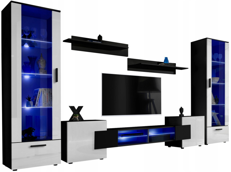 Pan Igiełka Meblościanka Blue LED Czarny Biały Dąb Wotan 5 Elementów Salon 340997