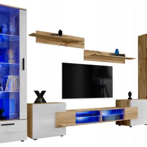 Pan Igiełka Meblościanka Blue LED Czarny Biały Dąb Wotan 5 Elementów Salon 340993 Pan Igiełka Meblościanka Blue LED Czarny Biały Dąb Wotan 5 Elementów Salon 340993