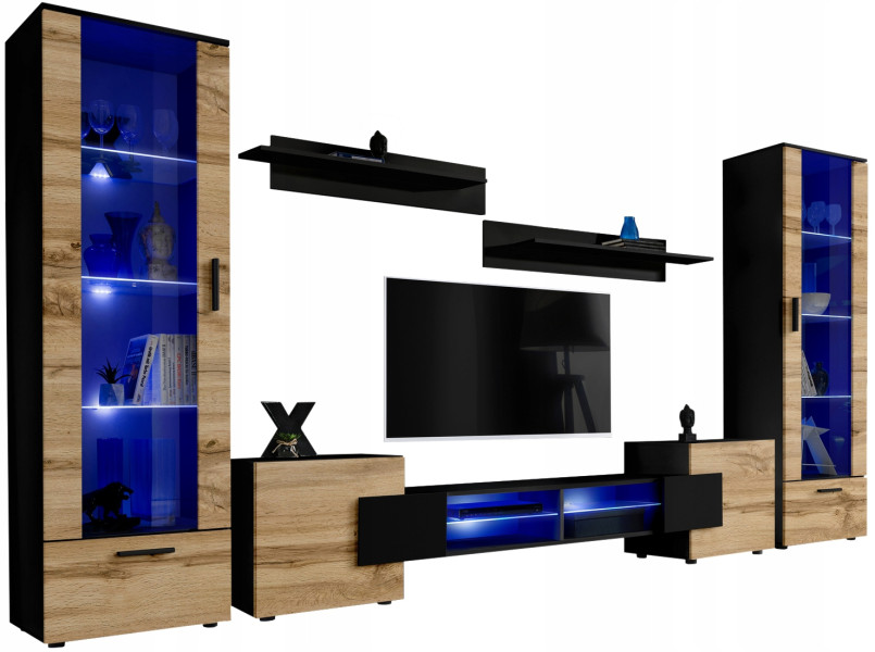 Pan Igiełka Meblościanka Blue LED Czarny Biały Dąb Wotan 5 Elementów Salon 341002