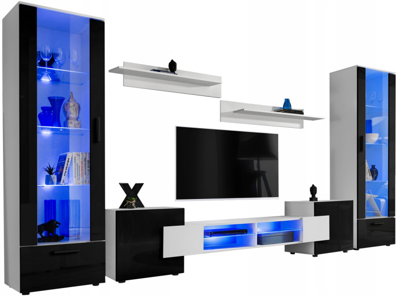 Pan Igiełka Meblościanka Blue LED Czarny Biały Dąb Wotan 5 Elementów Salon 341003