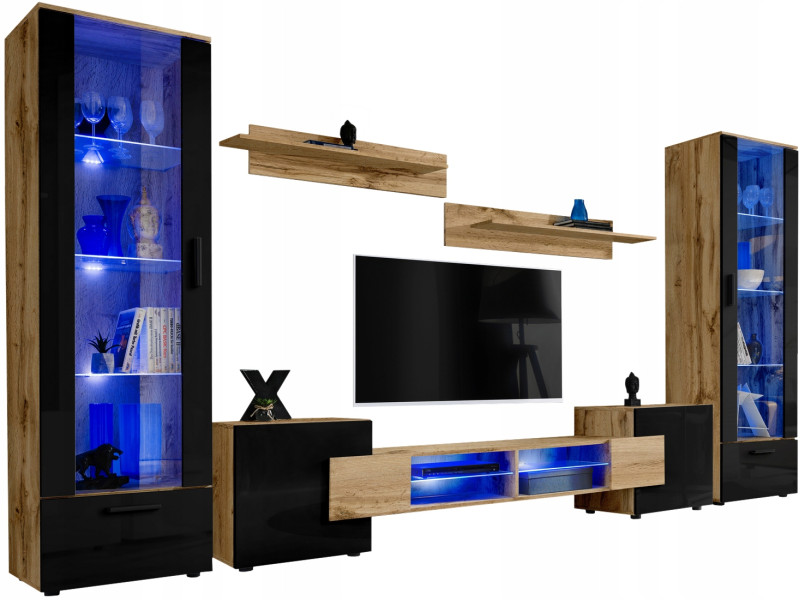 Pan Igiełka Meblościanka Blue LED Czarny Biały Dąb Wotan 5 Elementów Salon 341004