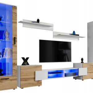 Pan Igiełka Meblościanka Blue LED Czarny Biały Dąb Wotan 5 Elementów Salon 341008 Pan Igiełka Meblościanka Blue LED Czarny Biały Dąb Wotan 5 Elementów Salon 341008