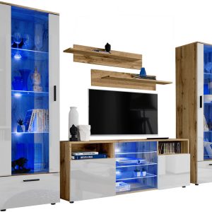 Pan Igiełka Meblościanka Blue LED Czarny Biały Dąb Wotan Zestaw Mebli 341879 Pan Igiełka Meblościanka Blue LED Czarny Biały Dąb Wotan Zestaw Mebli 341879