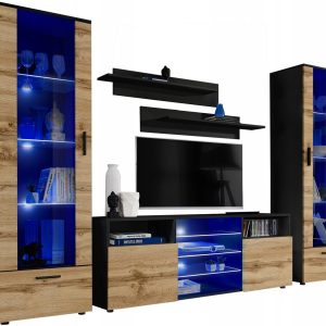 Pan Igiełka Meblościanka Blue LED Czarny Biały Dąb Wotan Zestaw Mebli 341883 Pan Igiełka Meblościanka Blue LED Czarny Biały Dąb Wotan Zestaw Mebli 341883