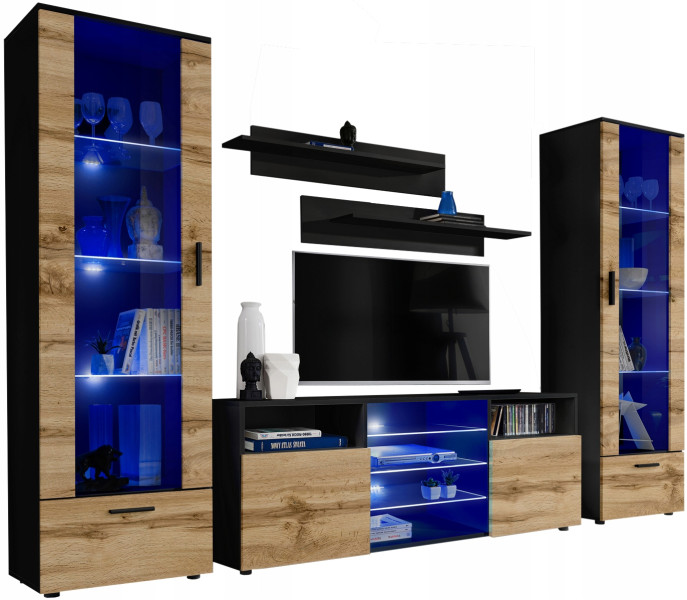 Pan Igiełka Meblościanka Blue LED Czarny Biały Dąb Wotan Zestaw Mebli 341883