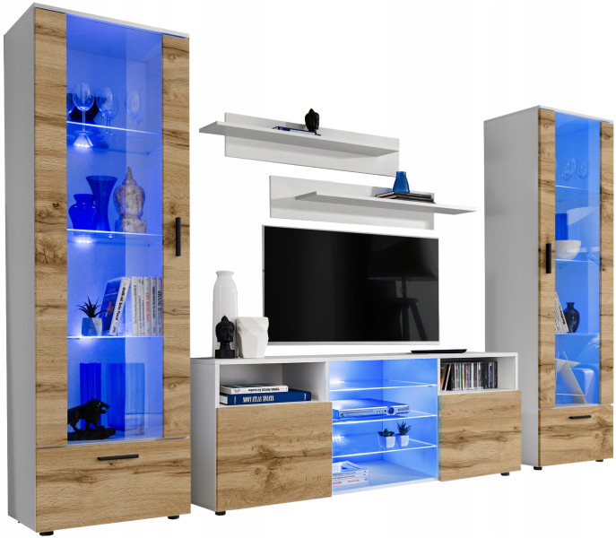Pan Igiełka Meblościanka Blue LED Czarny Biały Dąb Wotan Zestaw Mebli 341889