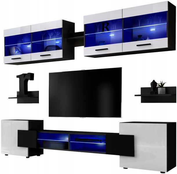 Pan Igiełka - Meblościanka do Salonu LED RGB Czarny Biały, Zestaw Mebli 806585