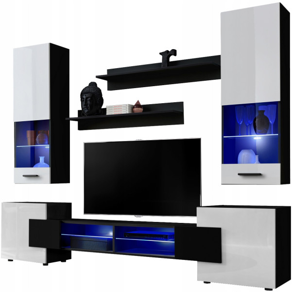 Pan Igiełka - Meblościanka do Salonu LED RGB Czarny Biały, Zestaw Mebli 756669